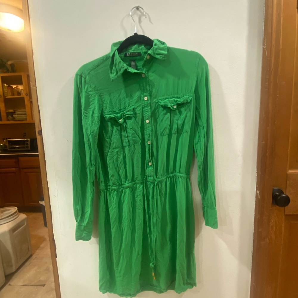 Lauren Ralph Lauren Green Button Down Shirt Dress Viscose Soft Career Size 6